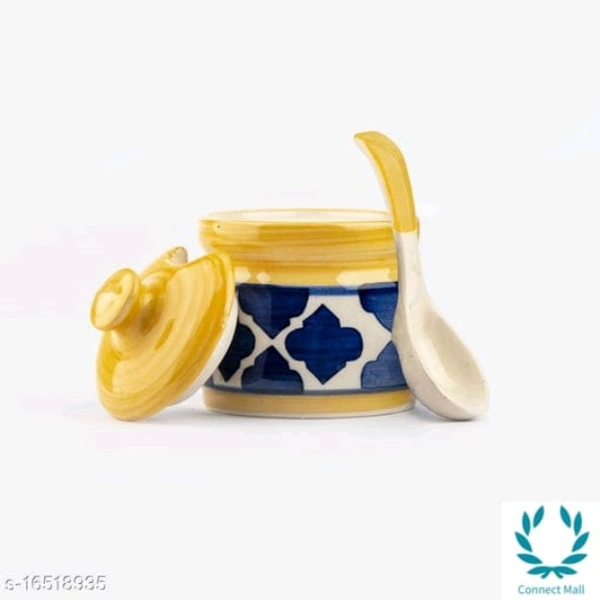 Yellow ceramic Achar Pickle Barni with Lid and Spoon set of 2 - Yellow